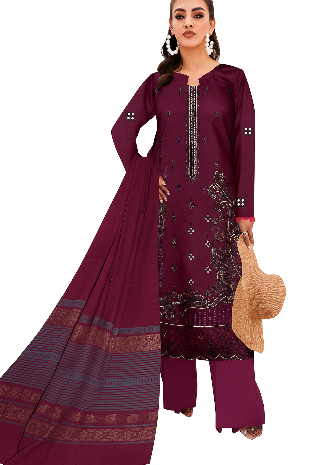 Noor 3-Piece Embroidered Lawn Suit | Jacquard Shawl & Dyed Trouser