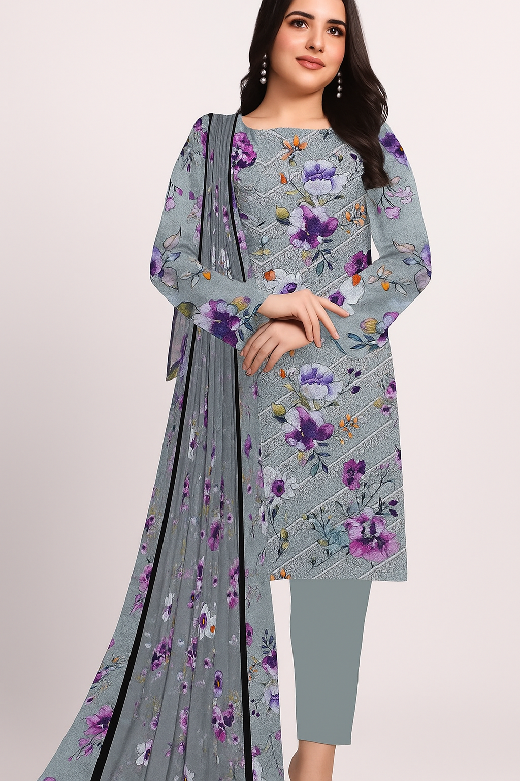 Chikankari Lawn Suit – 3 Piece with Digital Voile Dupatta