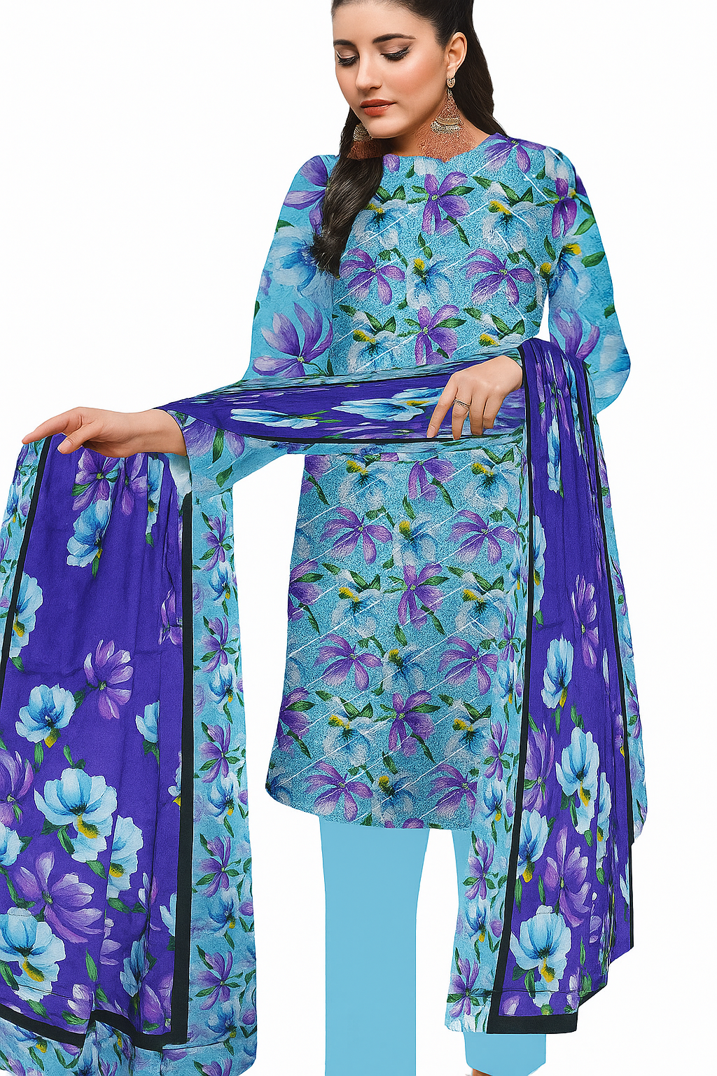 Chikankari Lawn Suit – 3 Piece with Digital Voile Dupatta