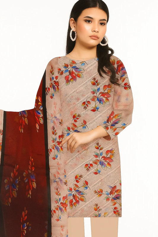 Chikankari Lawn Suit – 3 Piece with Digital Voile Dupatta