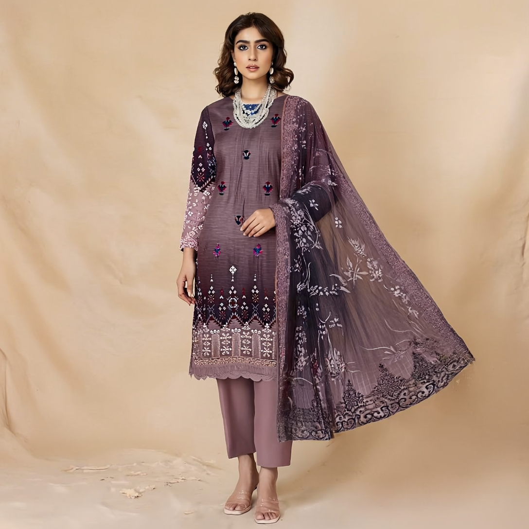 Digital Print Lawn with Embroidered  3-Piece Suit