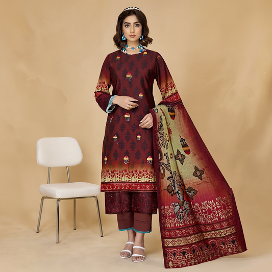 Digital Print Lawn with Embroidered  3-Piece Suit