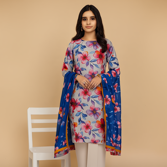 Chikankari Lawn Suit – 3 Piece with Digital Voile Dupatta