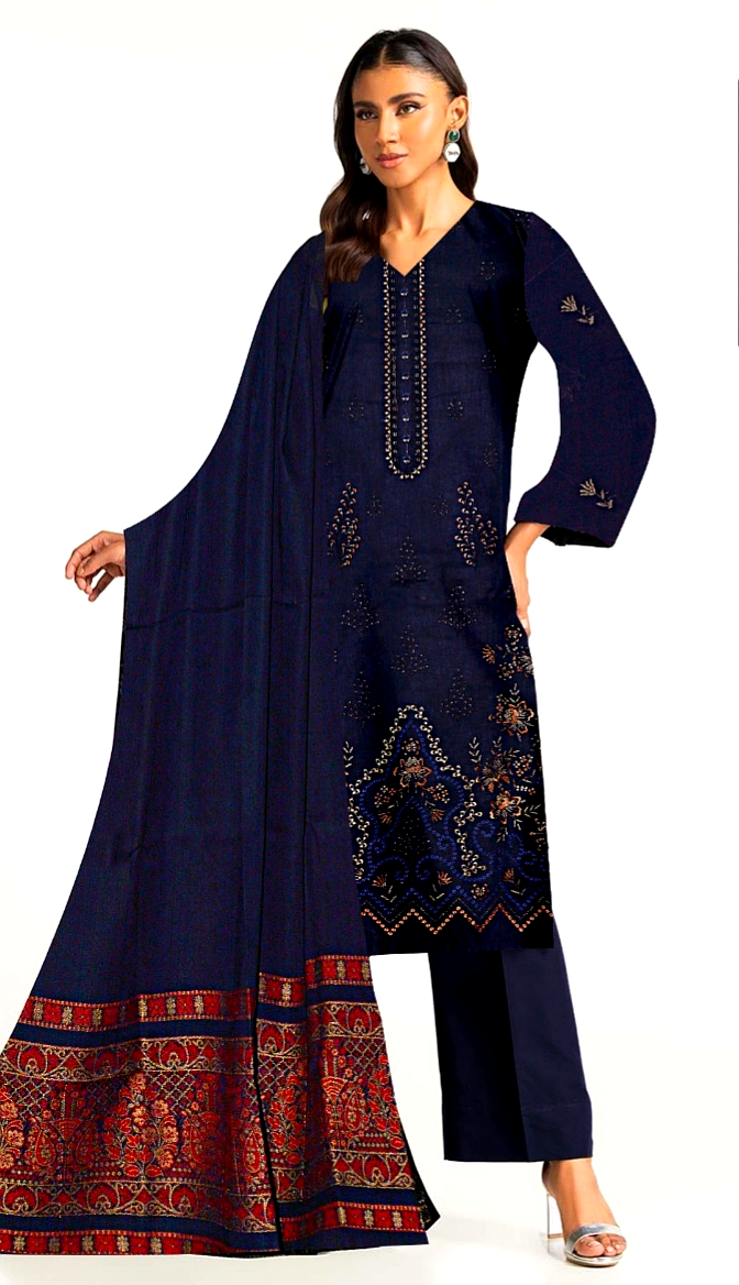 Noor 3-Piece Embroidered Lawn Suit | Jacquard Shawl & Dyed Trouser