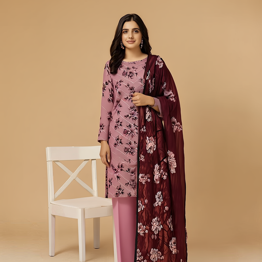 Chikankari Lawn Suit – 3 Piece with Digital Voile Dupatta